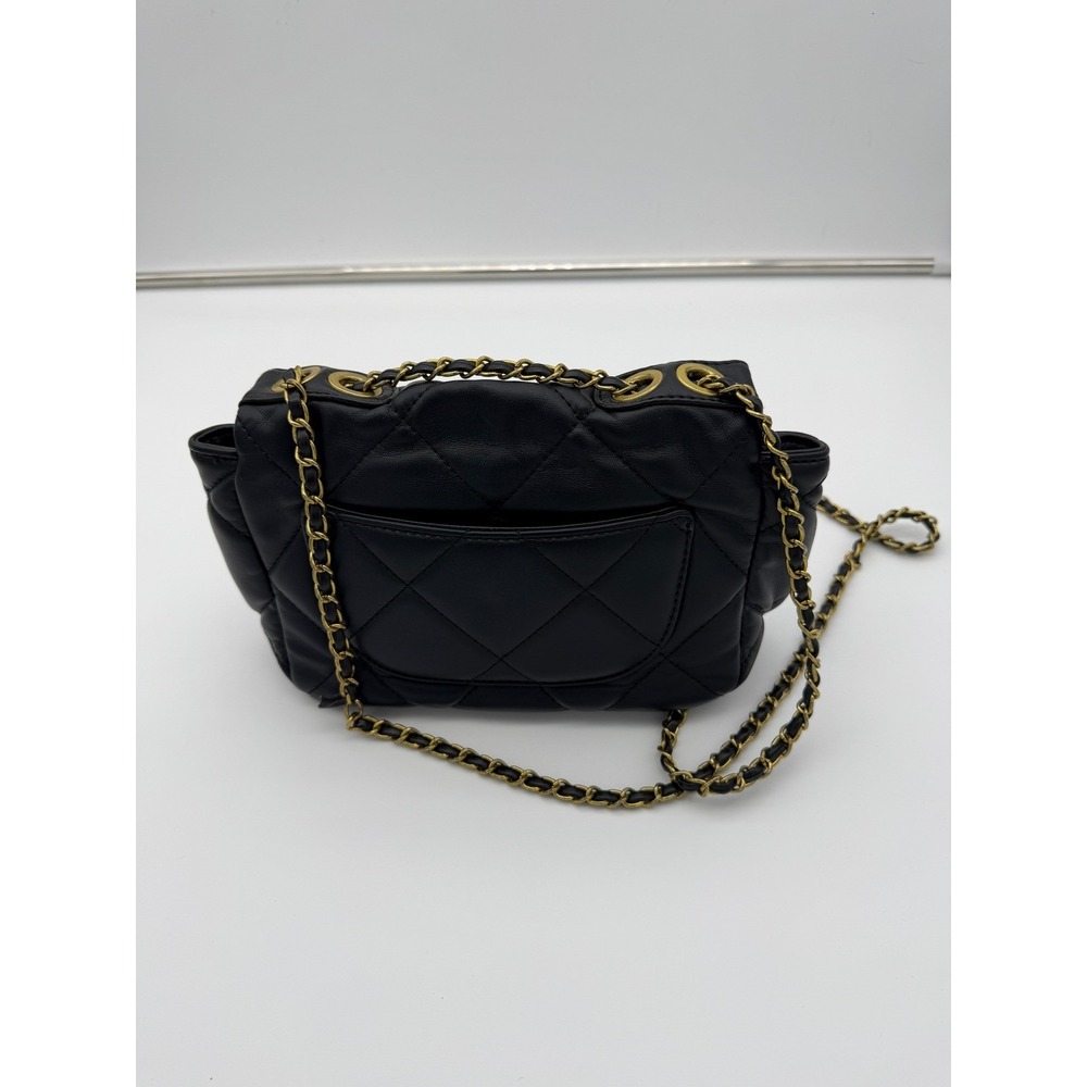 Quilted Black Leather Shoulder Bag Gold Chain Link Turn Lock Crossbody - Picture 2 of 4